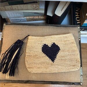 Handcrafted Straw Clutch with Black Heart Design